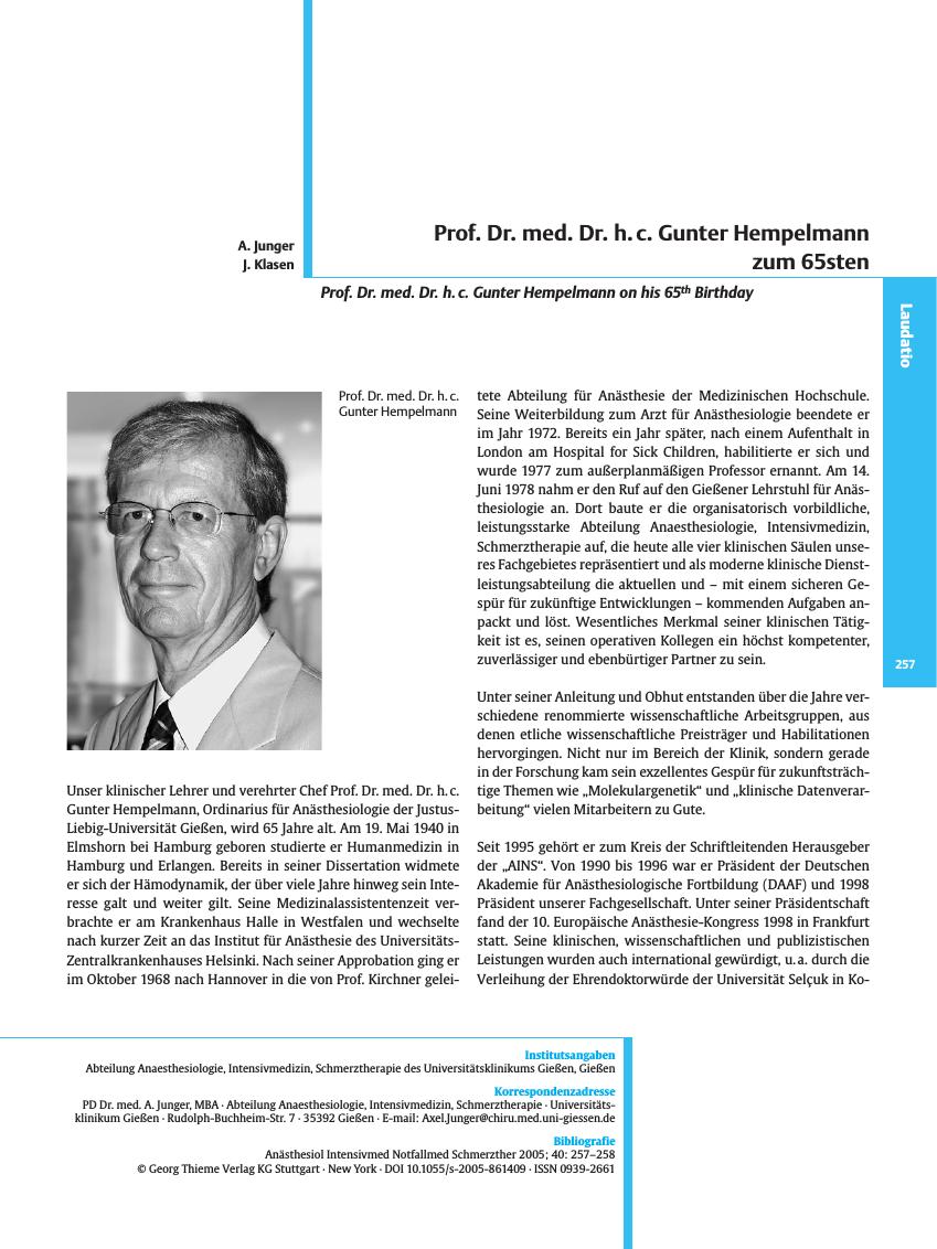 Vorschauseite 1: Prof. Dr. med. Dr. h. c. Gunter Hempelmann zum 65sten