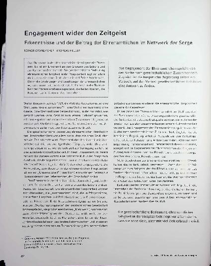 Vorschauseite 1: Engagement wider den Zeitgeist: Erkenntnisse und der Beitrag der Ehrenamtlichen im Netzwerk der Sorge