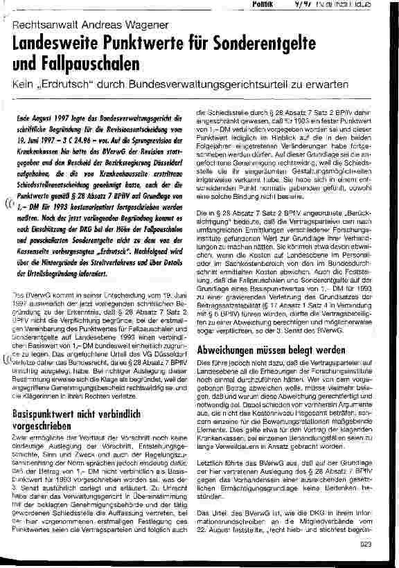 Vorschauseite 1: Landesweite Punktwerte für Sonderentgelte und Fallpauschalen Kein Erdrutsch durch Bundesverwaltungsgerichtsurteil zu erwarten