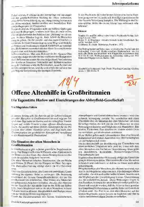 Vorschauseite 1: Offene Altenarbeit in Großbritanien Die Tagesstätte Harlow und Einrichtungen der Abbeyfield-Gesellschaft