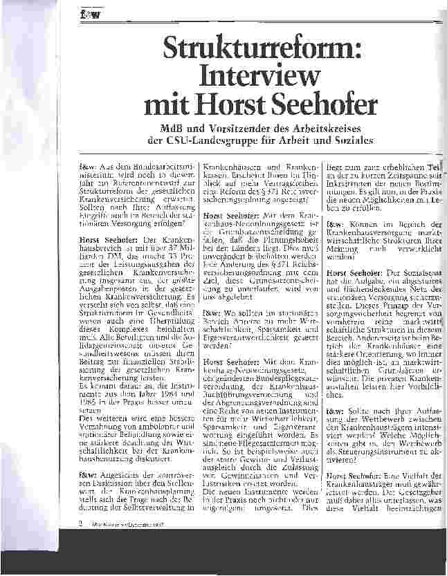 Vorschauseite 1: Strukturreform: Interview mit Horst Seehofer MdB und Vorsitzender des Arbeitskreises der CSU-Landesgruppe