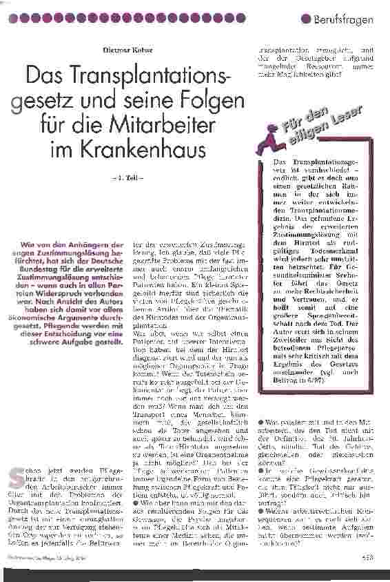 Vorschauseite 1: Das Transplantationsgesetz und seine Folgen für die Mitarbeiter im Krankenhaus 1. Teil