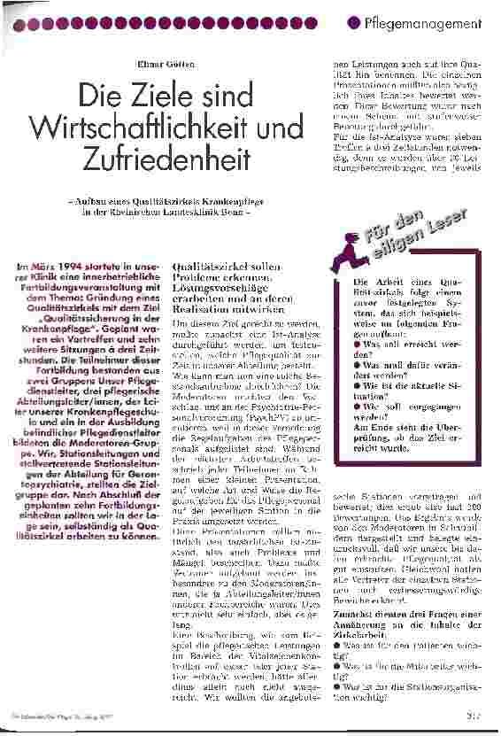 Vorschauseite 1: Die Ziele sind Wirtschaftlichkeit und Zufriedenheit - Aufbau eines Qualitätszirkels Krankenpflege in der Rheinischen Landesklinik Bonn -