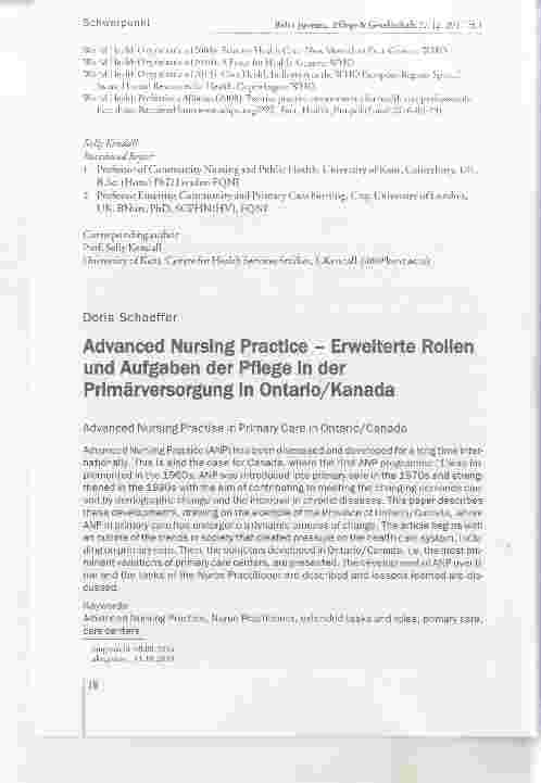 Vorschauseite 1: Advanced Nursing Practice Erweiterte Roiien und Aufgaben der Pfiege in der Primarversorgung in Ontario/Kanada