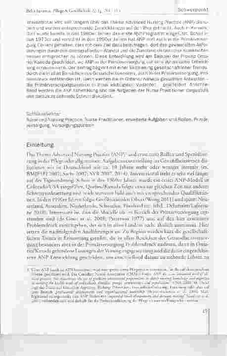 Vorschauseite 2: Advanced Nursing Practice Erweiterte Roiien und Aufgaben der Pfiege in der Primarversorgung in Ontario/Kanada