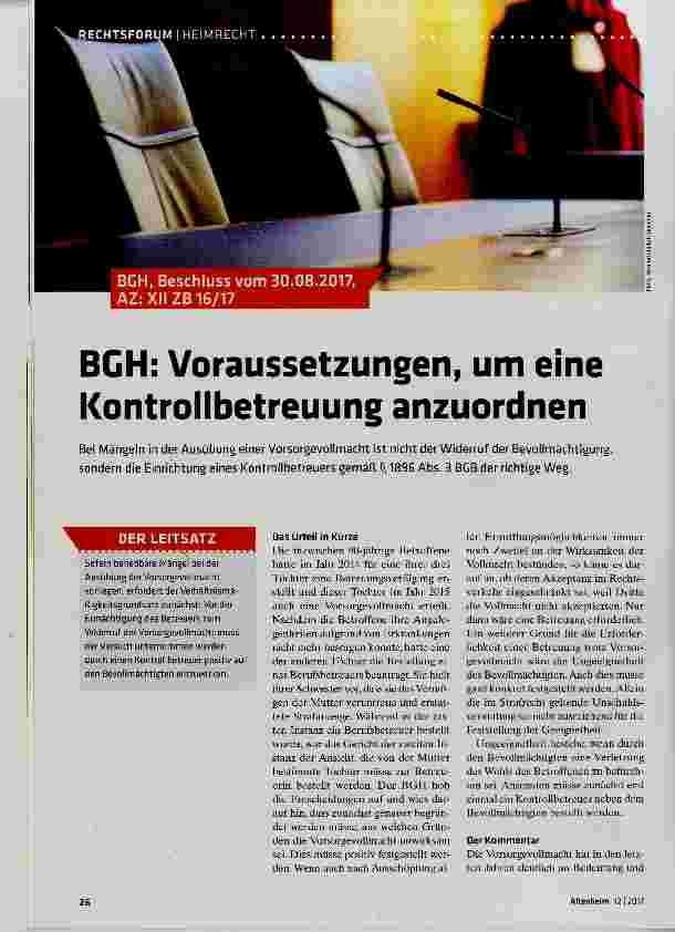Vorschauseite 1: BGH: Voraussetzungen, um eine Kontrollbetreuung anzuordnen