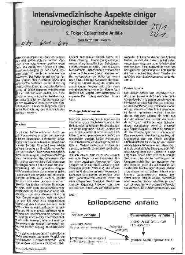 Vorschauseite 1: Intensivmedizinische Aspekte einiger neurologischer Krankheitsbilder 2. Folge: Epileptische Anfälle
