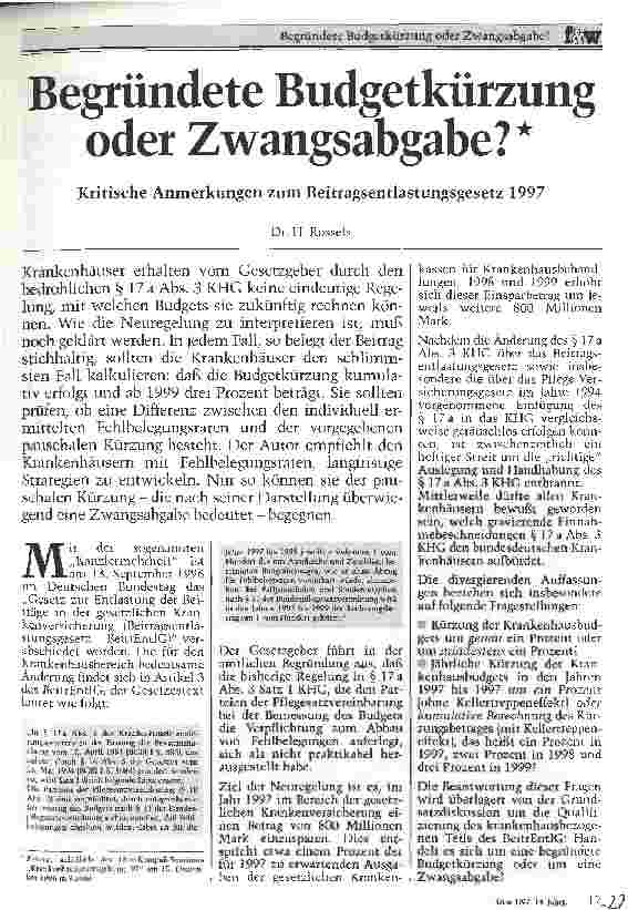 Vorschauseite 1: Begründete Budgetkürzung oder Zwangsabgabe? Kritische Anmerkungen zum Beitragsentlassungsgesetz 1997
