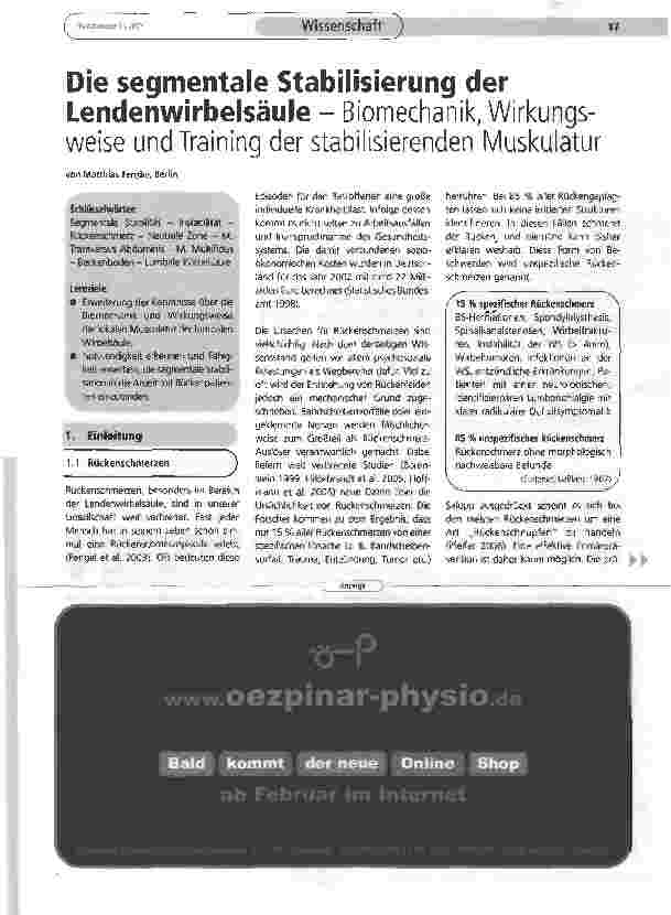 Vorschauseite 1: Die segmentale Stabilisierung der Lendenwirbelsäule - Biomechanik, Wirkungsweise und Training der stabilisierenden Muskulatur