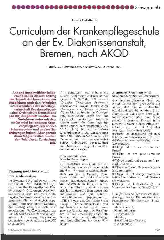Vorschauseite 1: Curriculum der Krankenpflegeschule an der Ev. Diakonissenanstalt, Bremen, nach AKOD Rückund Ausblick einer erfolgreichen Anwendung