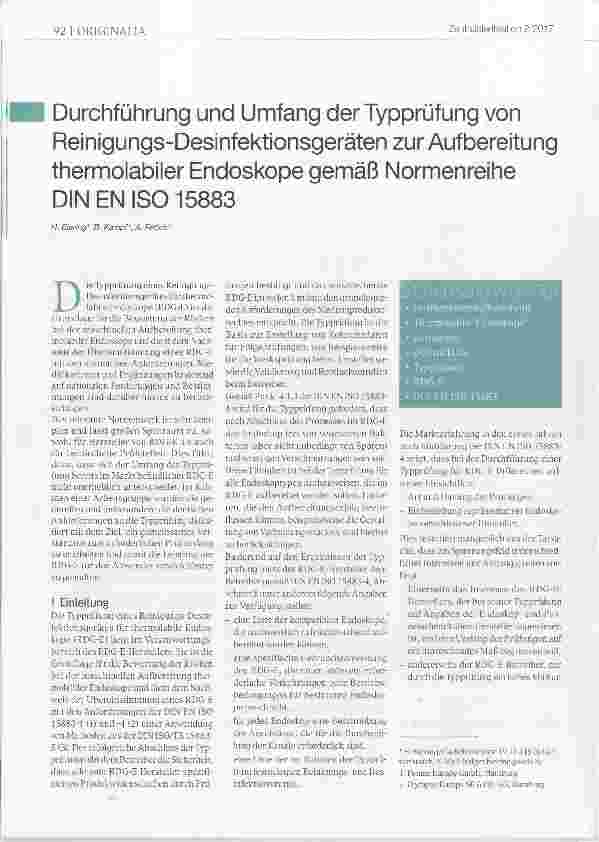Vorschauseite 1: Durchführung und Umfang der Typprüfung von Reinigungs-Desinfektionsgeräten zur Aufbereitung thermolabiler Endoskope gemäß Normenreihe DIN EN IS015883