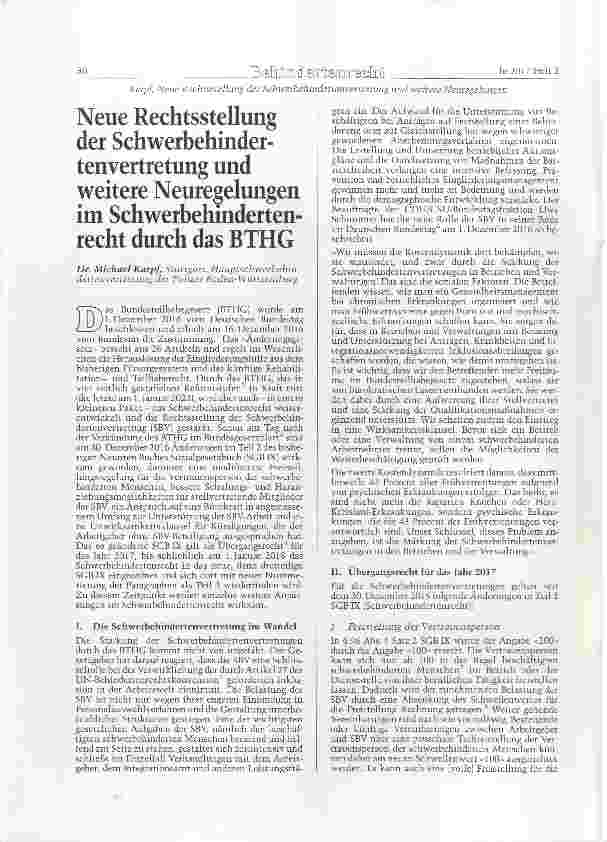 Vorschauseite 1: Neue Rechtsstellung der Schwerbehindertenvertretung und weitere Neuregelungen im Schwerbehindertenrecht durch das BTHG