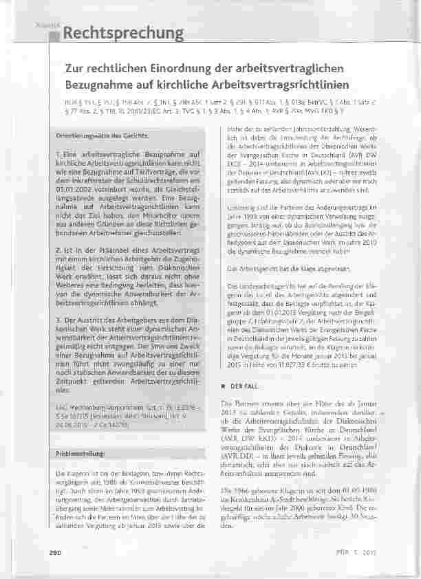 Vorschauseite 1: Zur rechtlichen Einordnung der arbeitsvertraglichen Bezugnahme auf kirchliche Arbeitsvertragsrichtlinien