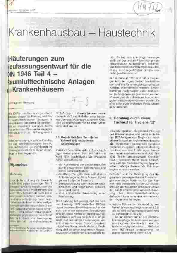 Vorschauseite 1: Erläuterungen zum Neufassungsentwurf für die DIN 1946 Teil 4 - Raumlufttechnische Anlagen in Krankenhäusern