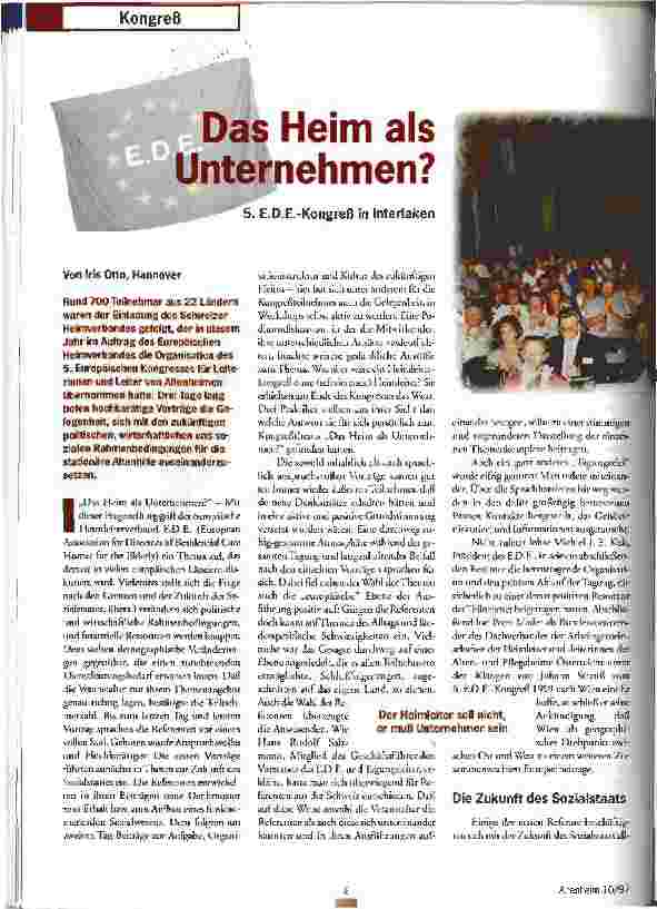 Vorschauseite 1: Das Heim als Unternehmen? 5. E.D.E.-Kongreß in Interlaken