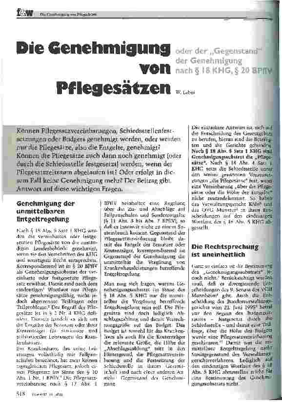 Vorschauseite 1: Die Genehmigung von Pflegesätzen oder der Gegenstand der Genehmigung nach § 18 KHG, § 20 BPflV