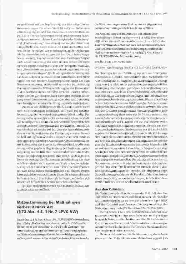Vorschauseite 1: Mitbestimmung bei Maßnahmen vorbereitender Art (§72 Abs. 4 S. 1 Nr. 7 LPVG NW)
