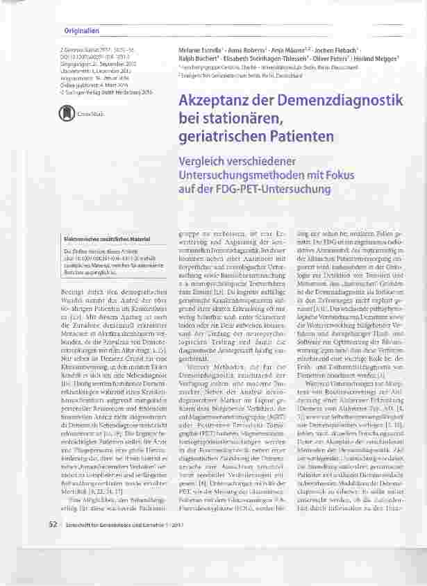 Vorschauseite 1: Akzeptanz der Demenzdiagnostik bei stationären, geriatrischen Patienten