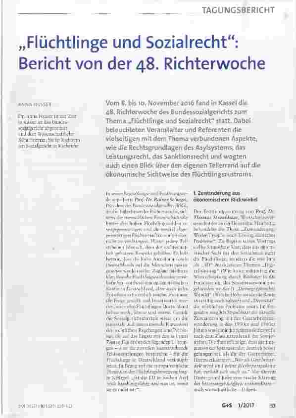 Vorschauseite 1: „Flüchtlinge und Sozialrecht“: Bericht von der 48. Richterwoche