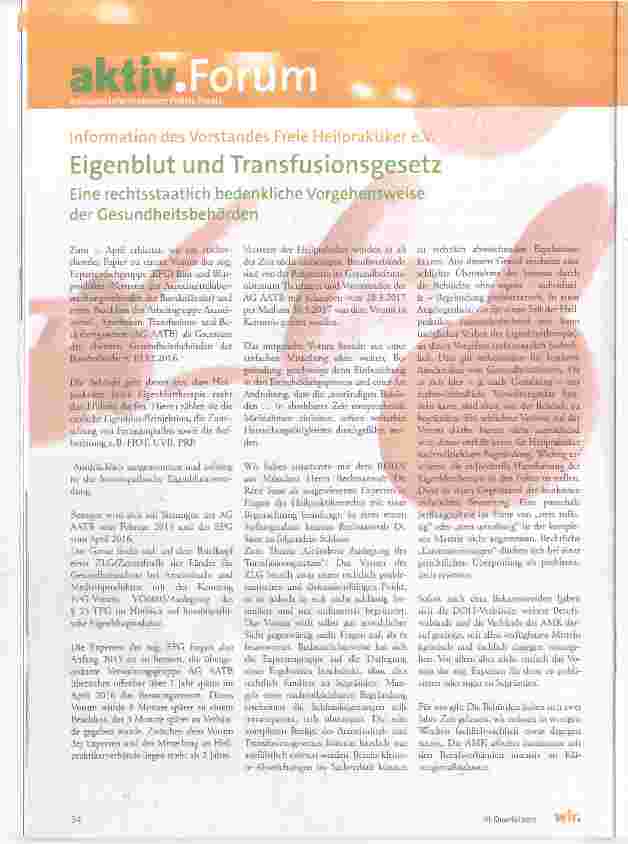 Vorschauseite 1: Information des Vorstandes Freie Heilpraktiker e. V. Eigenblut und Transfusionsgesetz Eine rechtsstaatlich bedenkliche Vorgehensweise der Gesundheitsbehörden