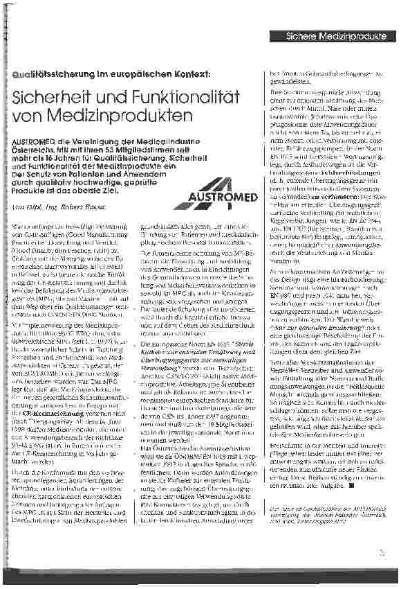 Vorschauseite 1: Qualitätssicherung im europäischen Kontext: Sicherheit und Funktionalität von Medizinprodukten