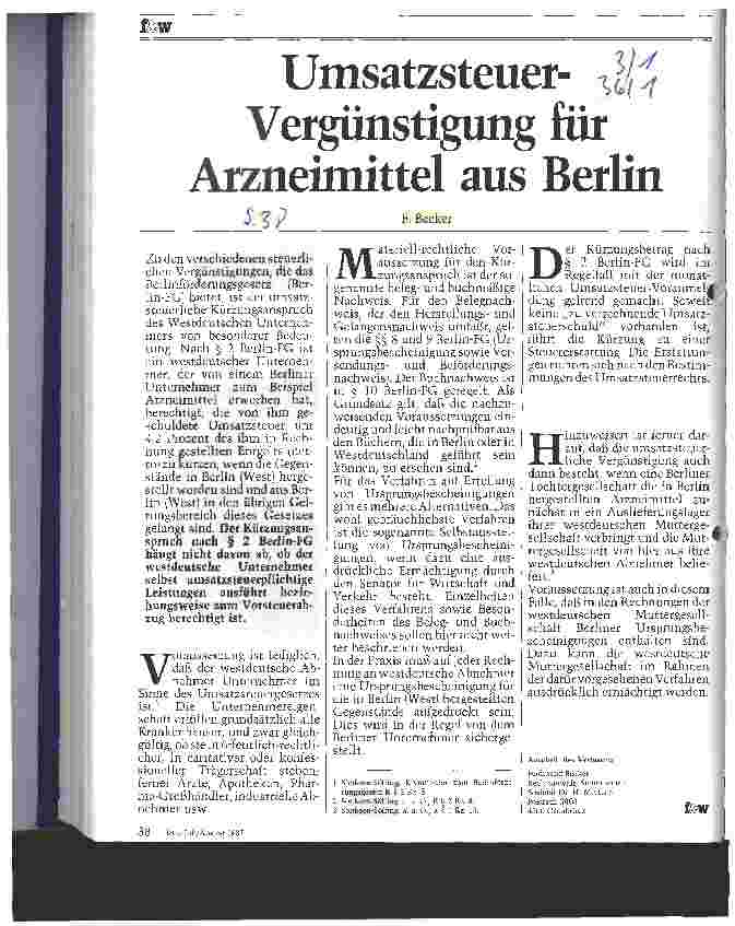 Vorschauseite 1: Umsatzsteuer-Vergünstigungen für Arzneimittel aus Berlin