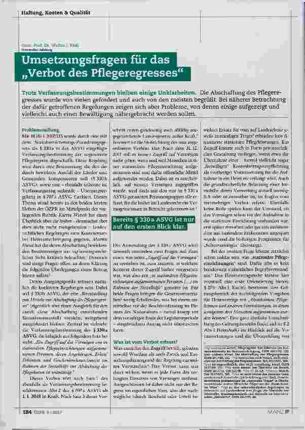 Vorschauseite 1: Umsetzungsfragen für das „Verbot des Pflegeregresses