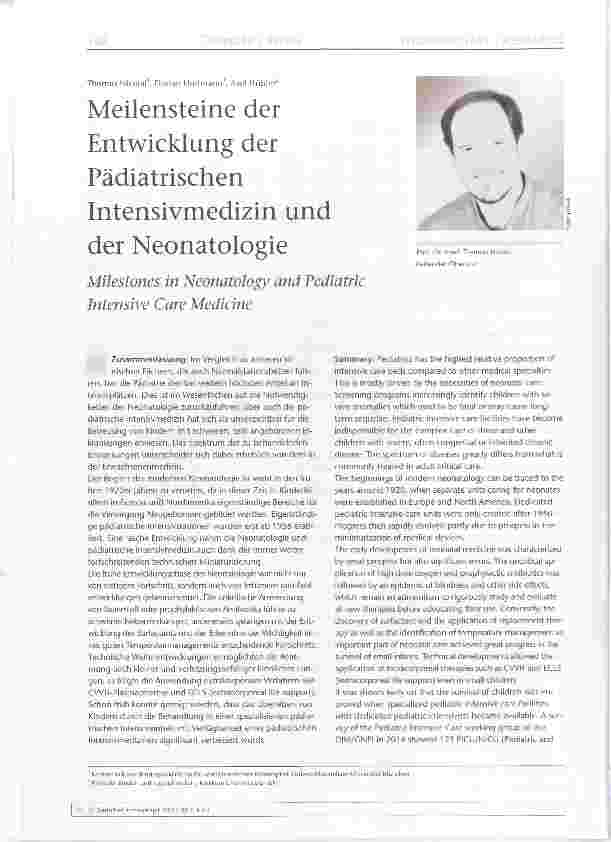 Vorschauseite 1: Meilensteine der Entwicklung der Pädiatrischen Intensivmedizin und der Neonatologie