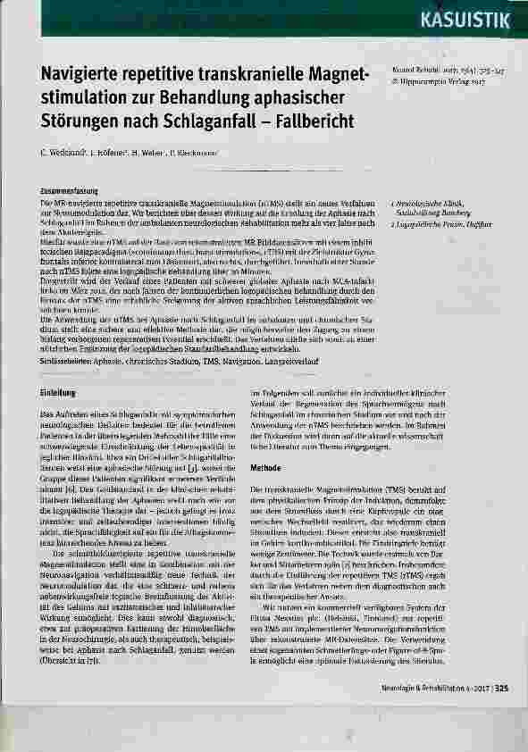 Vorschauseite 1: Navigierte repetitive transkranielle Magnetstimulation zur Behandlung aphasischer Störungen nach Schlaganfall - Fallbericht