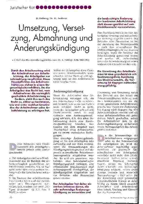 Vorschauseite 1: Umsetzung, Versetzung, Abmahnung und Änderungskündigung