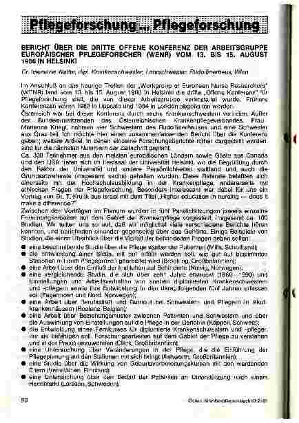 Vorschauseite 1: Bericht über die dritte offene Konferenz der Arbeitsgruppe Europäische Pflegeforscher vom 13. bis 15. August 1986 in Helsinki