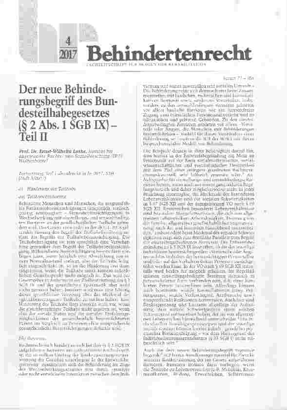 Vorschauseite 1: Der neue Behinderungsbegriff des Bundesteilhabegesetzes(§ 2 Abs. 1 SGB K) Teiln