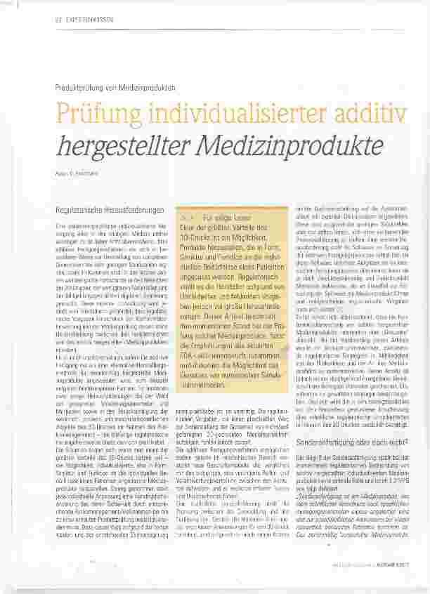 Vorschauseite 1: Prüfung individualisierter additiv hergestellter Medizinprodukte