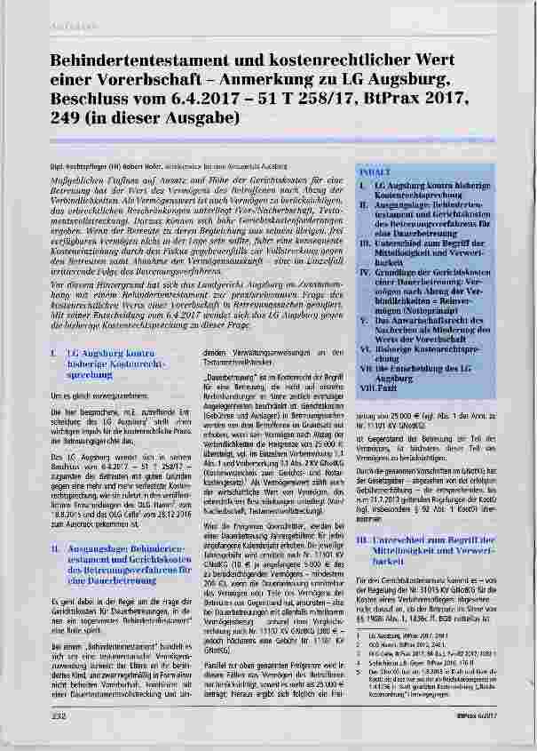 Vorschauseite 1: Behindertentestament und kostenrechtlicher Wert einer Vorherrschaft Anmerkung zu LG Augsburg, Beschluss vom 6.4.2017 51 T 258/17, BtPrax 2017, 249 (in dieser Ausgabe)