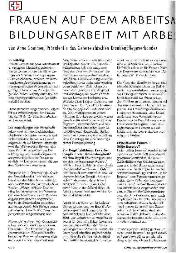 Vorschauseite 1: Frauen auf dem Arbeitsmarkt - Bildungsarbeit mit arbeitslosen Frauen 12. Österreichischer Krankenpflegekongreß