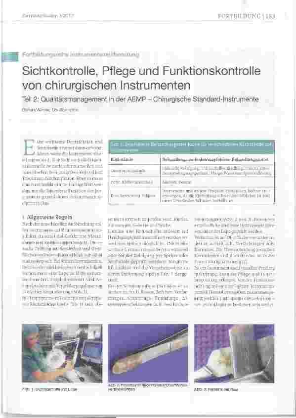 Vorschauseite 1: Sichtkontrolle, Pflege und Funktionskontrolle von chirurgischen Instrumenten Teil 2: Qualitätsmanagement in der AEMP - Chirurgische Standard-Instrumente