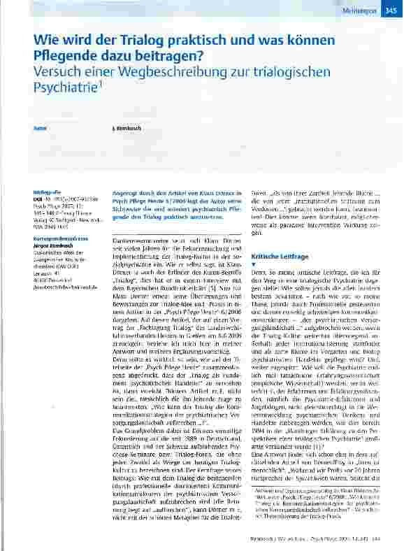 Vorschauseite 1: Wie wird der Trialog praktisch und was können Pflegende dazu beitragen? Versuch einer Wegbeschreibung zur trialogischen Psychiatrie