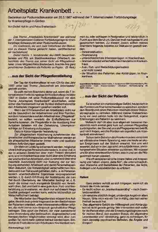 Vorschauseite 1: Arbeitsplatz Krankenbett // Gedanken zur Podiumsdiskussion am 20. 03. 87 während der 7. Internationalen Fortbildungstage f. Krankenpflege Gießen