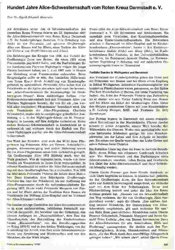 Vorschauseite 1: Hundert Jahre Alice-Schwesternschaft vom Roten Kreuz Darmstadt e. V.