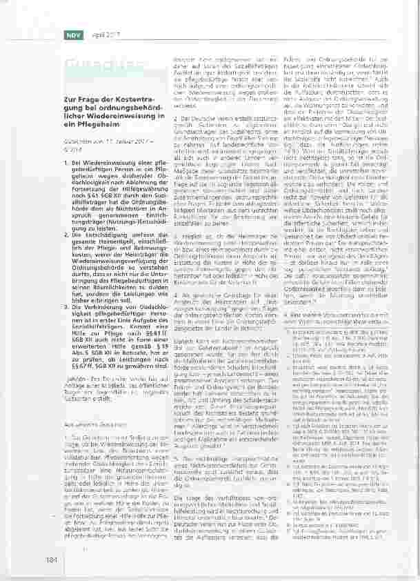 Vorschauseite 1: Zur Frage der Kostentragung bei ordnungsbehördlicher Wiedereinweisung in ein Pflegeheim