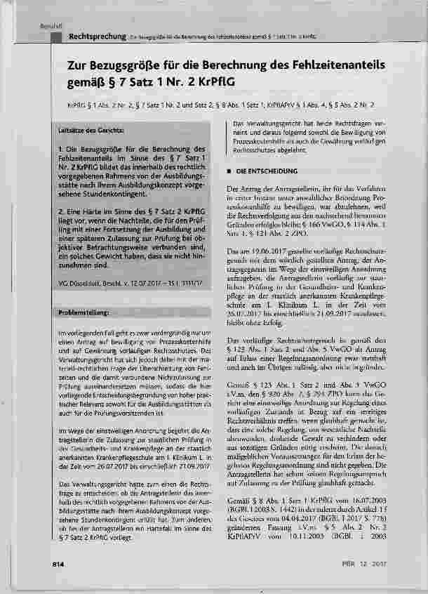 Vorschauseite 1: Zur Bezugsgröße für die Berechnung des Fehlzeitenanteils gemäß § 7 Satz 1 Nr. 2 KrPflC