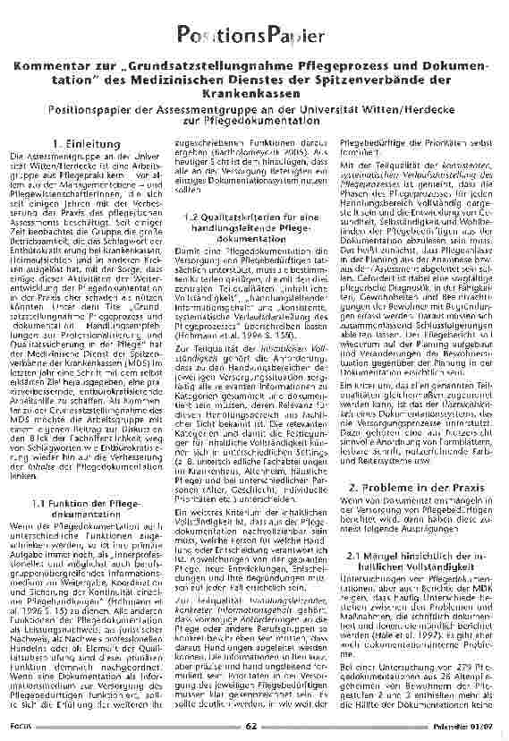 Vorschauseite 1: Poitions Papier - Kommentar zur Grundsatzstellungnahme Pflegeprozess und Dokumentation des Medizinischen Dienstes der Spitzenverbände der Krankenkassen