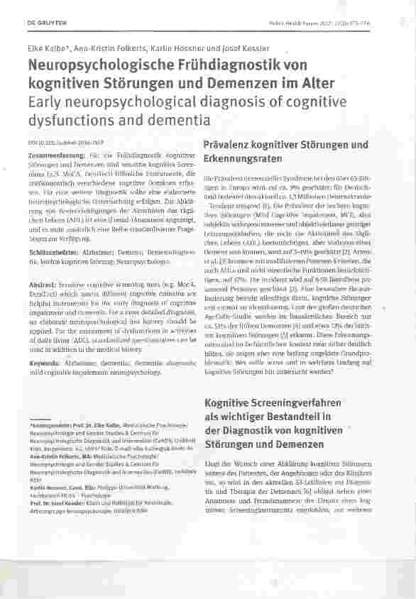 Vorschauseite 1: Neuropsychologische Frühdiagnostik von kognitiven Störungen und Demenzen im Alter