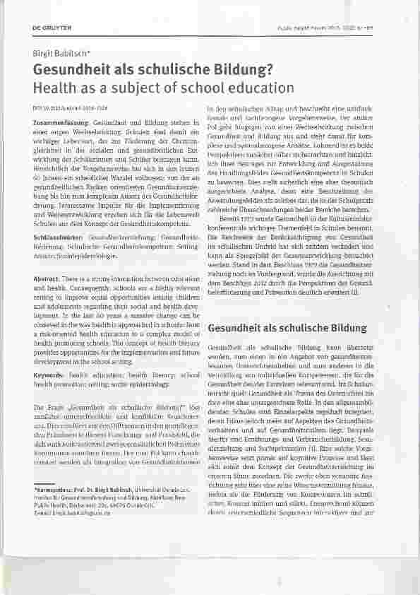 Vorschauseite 1: Gesundheit als schulische Bildung?Health as a subject of school education