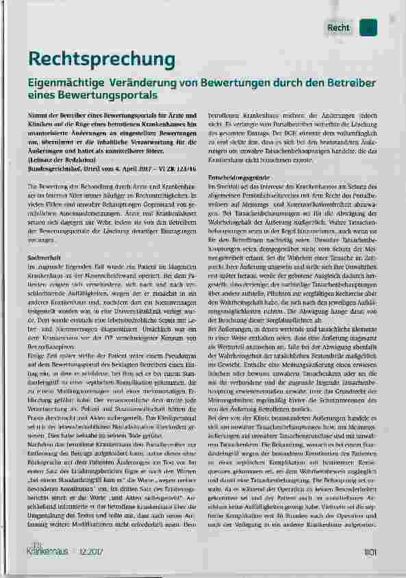 Vorschauseite 1: Eigenmächtige Veränderung von Bewertungen durch den Betreiber eines Bewertungsportals