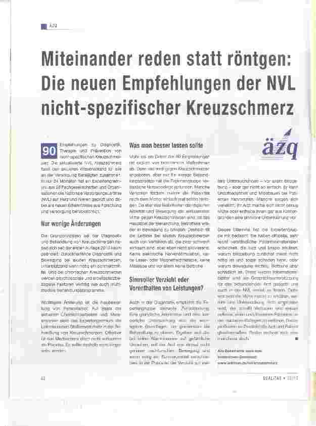 Vorschauseite 1: Miteinander reden statt röntgen; Die neuen Empfehiungen der NVL nicht-spezifischer Kreuzschmerz