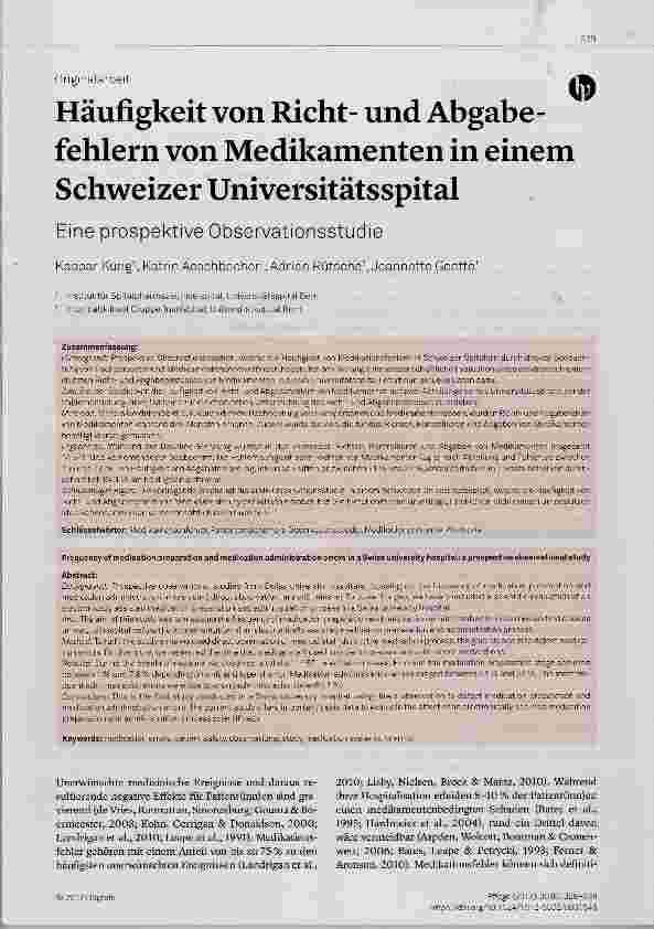 Vorschauseite 1: Häufigkeit von Richtund Abgabefehlem von Medikamenten in einem Schweizer Universitätsspital