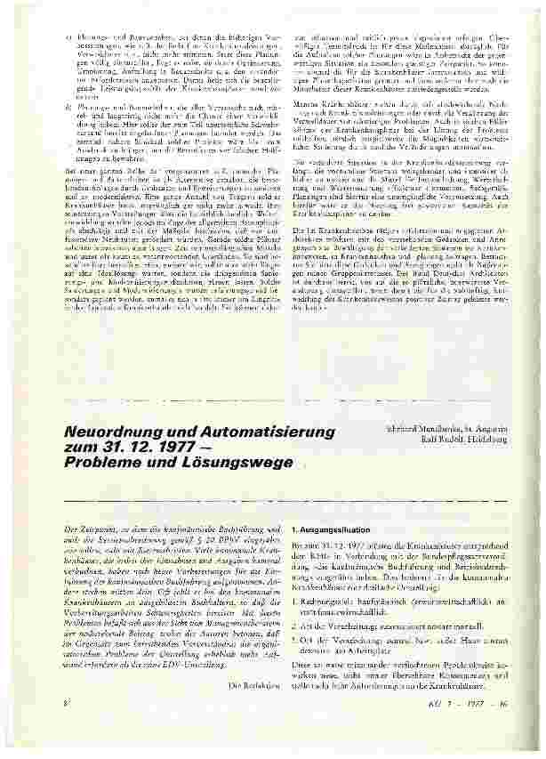 Vorschauseite 1: Neuordnung und Automatisierung zum 31. 12. 1977 -Probleme und Lösungswege