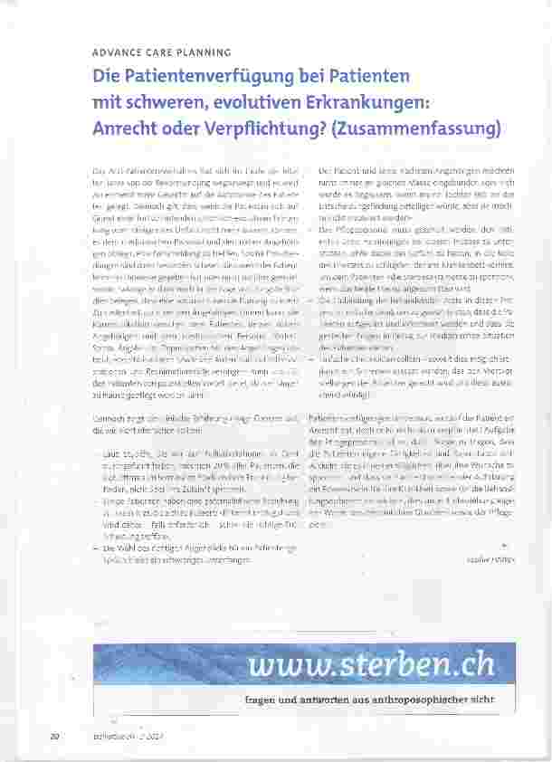Vorschauseite 1: Die Patientenverfügung bei Patienten mit schweren, evolutiven Erkrankungen: Anrecht oder Verpflichtung? (Zusammenfassung)