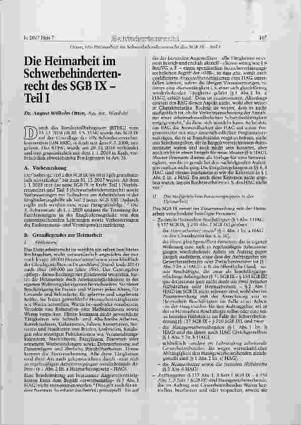 Vorschauseite 1: Die Heimarbeit im Schwerbehindertenrecht des SGB K Teil I